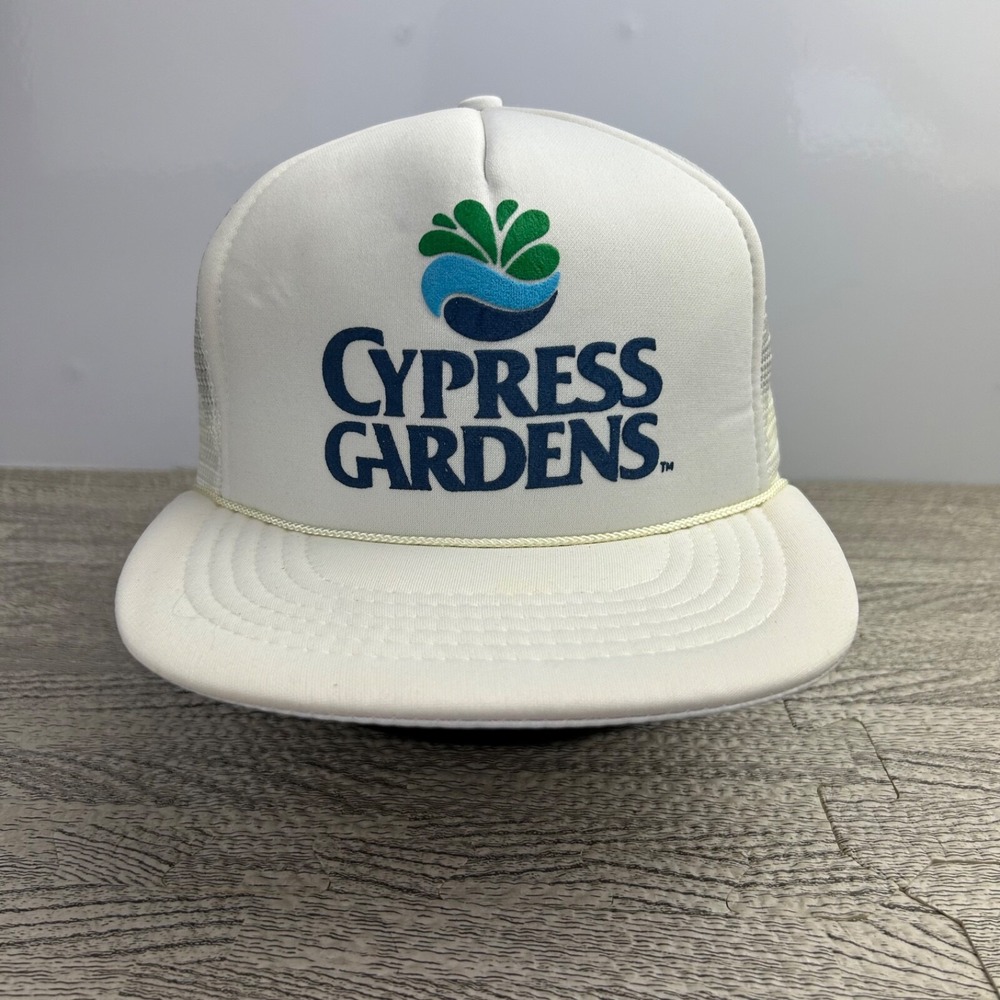 Vintage 90s Cypress Gardens Trucker Hat Cap Snap Back Adjustable White Mesh Back